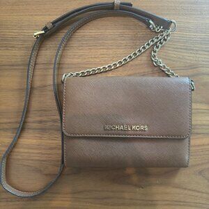 Michael Kors Leather Wallet Crossbody Bag Brown Chain Strap Saffiano Leather